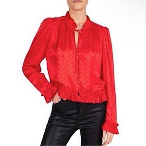 The Kooples Red Paisley Printed Blouse w Ruffle Trim & Gold Buttons Size 1